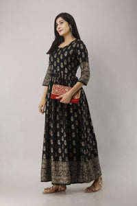 Black Color Printed Golden Design rayon Fancy Full Stitched Gown
