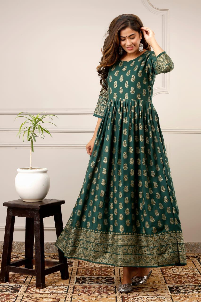 Dark Green Color Casual Wear Ready Made Fancy Golden Printed Rayon Gown