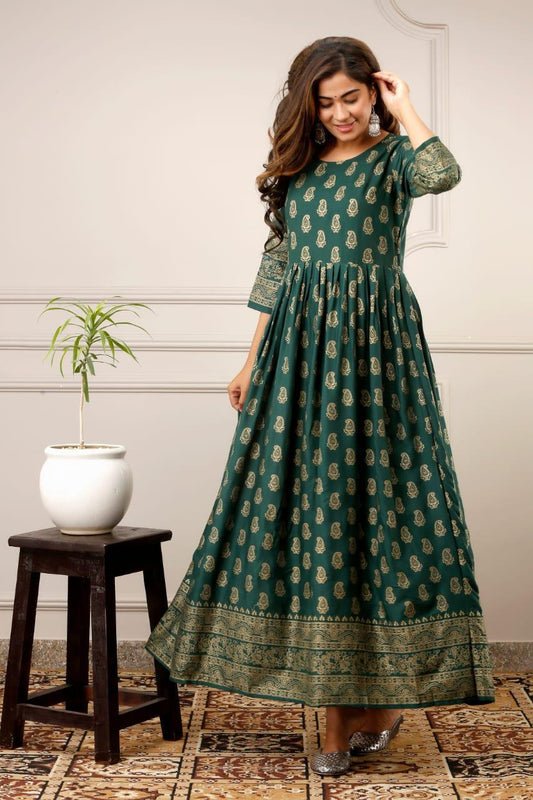 Dark Green Color Casual Wear Ready Made Fancy Golden Printed Rayon Gown