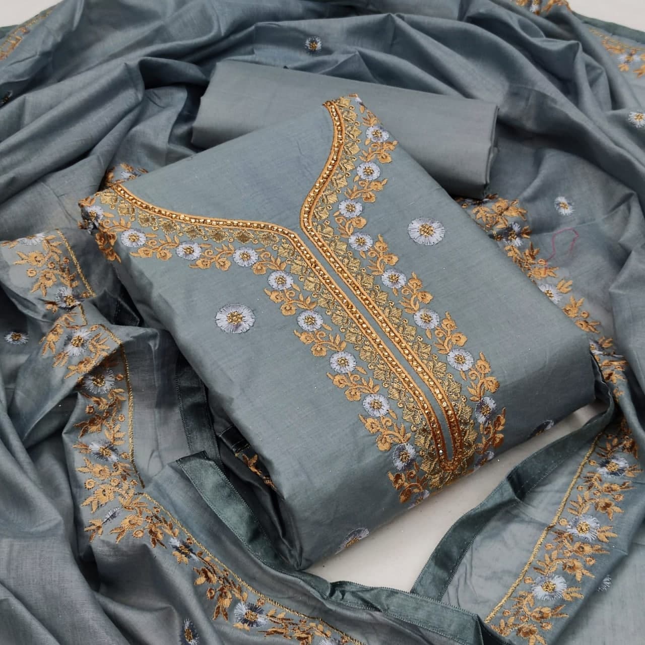 Beige Grey Color Occasion Wear Cotton Embroidered Work Salwar Suit