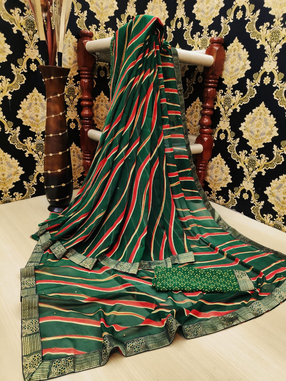 Dark Green Color Fancy Checks Design Georgette Button Pipin Lace Border Designer Saree Blouse