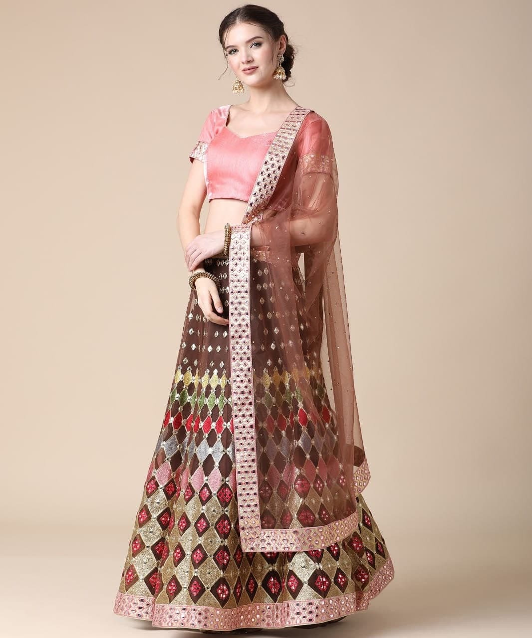 Brown Color Festive Wear Net Zari Embroidered Work Lehnega Choli