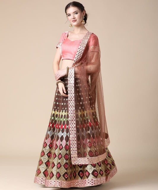 Brown Color Festive Wear Net Zari Embroidered Work Lehnega Choli