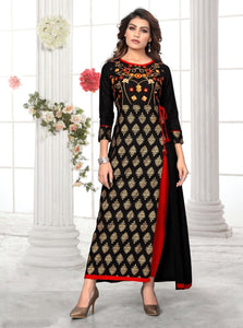 Party Wear Black Color Designer Rayon Embroidered Work Full Stitched Kurti