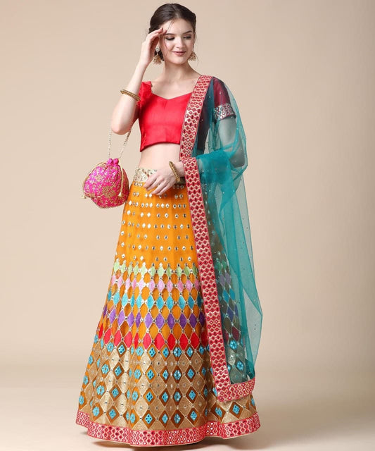Blooming Mustard Color Net Design Embroidered Work Lehnega Choli