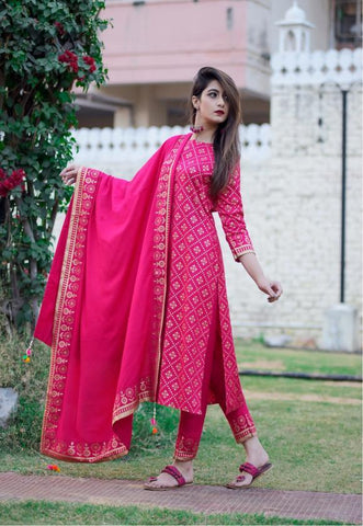 Rani Pink Golden Printed Rayon Full Stitched Pent Salwar Suit