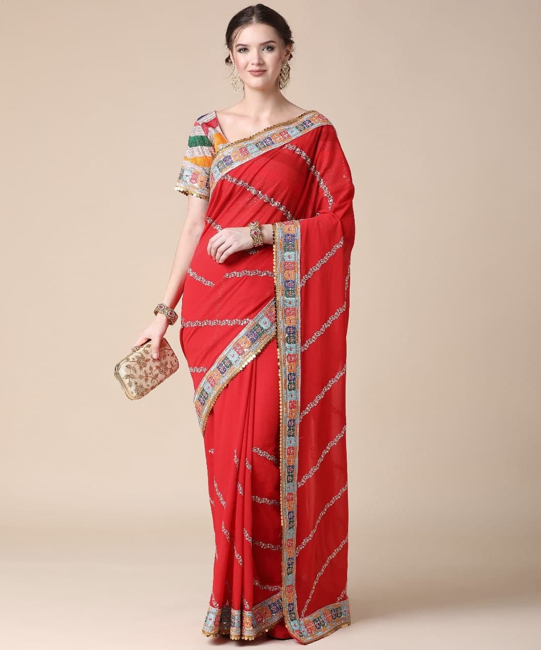 Appealing Red Color Georgette Sequence Work Function Wear Saree Blouse