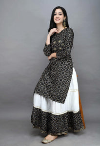 Black Color Full Stitched Rayon Printed Designer Button Plazo Kurti