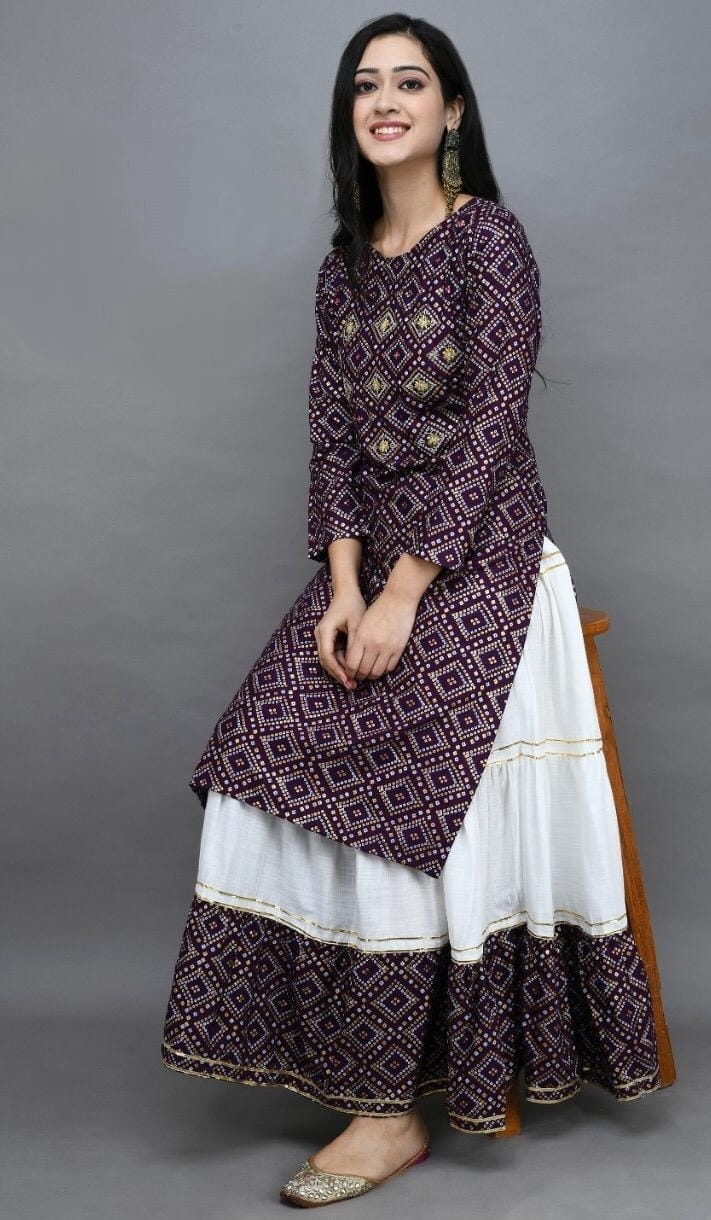 Party Wear Burgundy Color Ready Made Rayon Fancy Button Printed Design Kurti Plazo