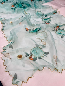 Remarkable Blue Color Printed Organza Designer Saree Blouse For Women