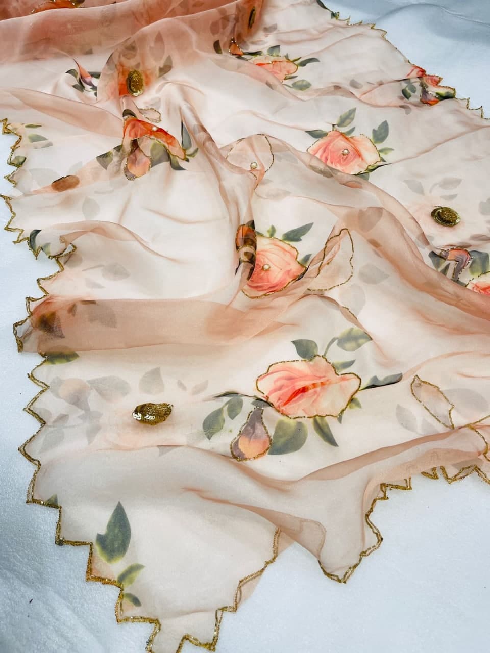 Sublime Peach Color Organza Digital Printed Indian Wear Saree Blouse