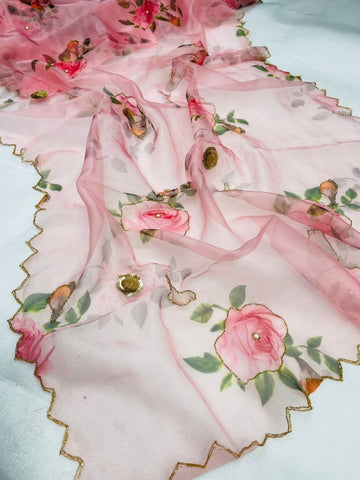 Adorable Pink Color Hand Khatli Printed Work Organza Saree Blouse