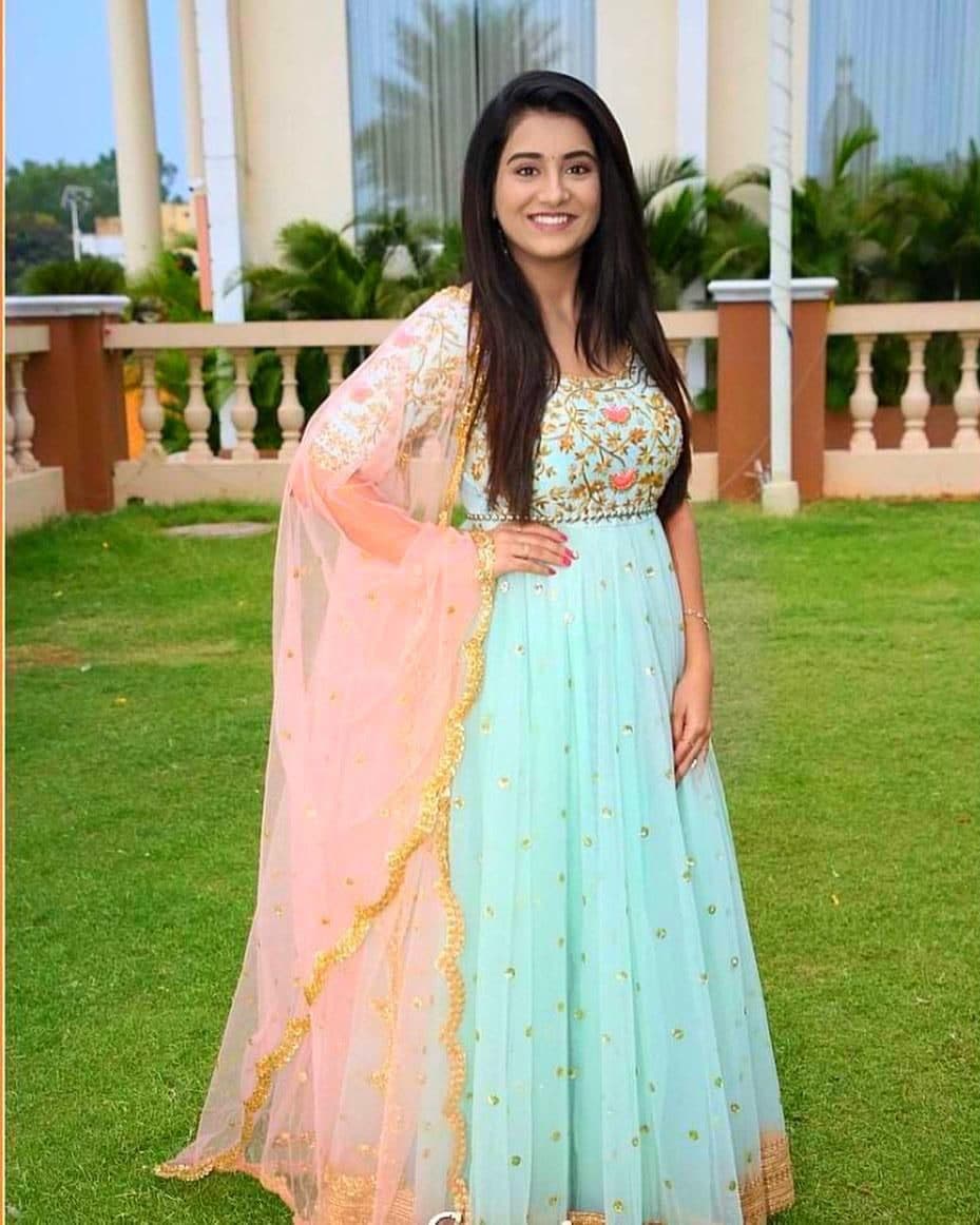 Magnetic Light Blue Color Georgette Embroidered Work Gown Dupatta