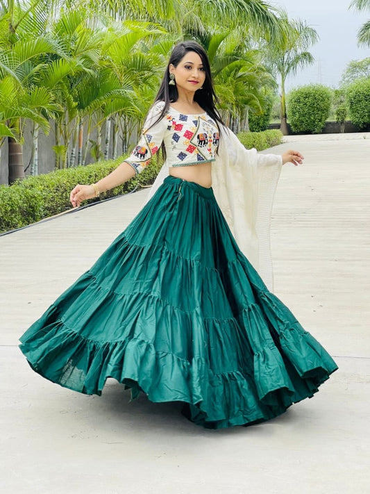 Pretty Rama Green Color Cotton Festive Wear Embroidered Work Lehenga Choli
