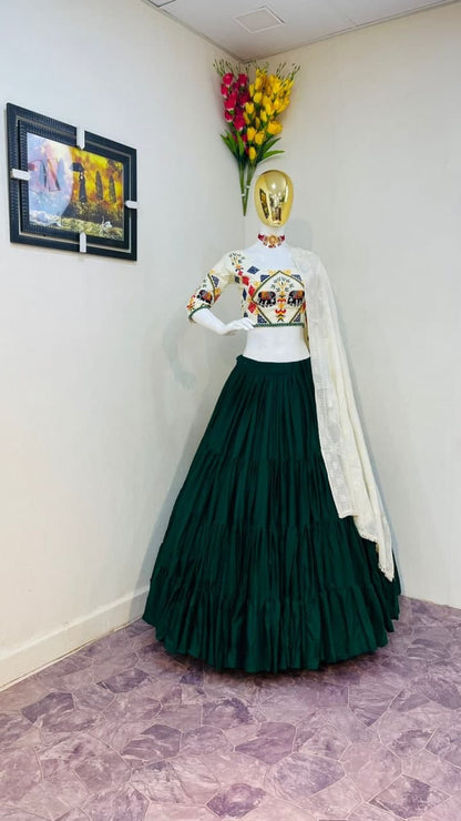 Pretty Rama Green Color Cotton Festive Wear Embroidered Work Lehenga Choli