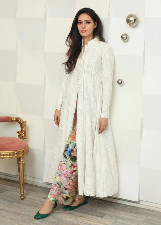 Adorable White Color Georgette Embroidered Work Design Plazo Kurti