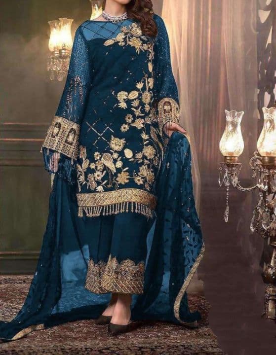 Novelty Rama Blue Color Party Wear Net Embroidered Work Salwar Suit