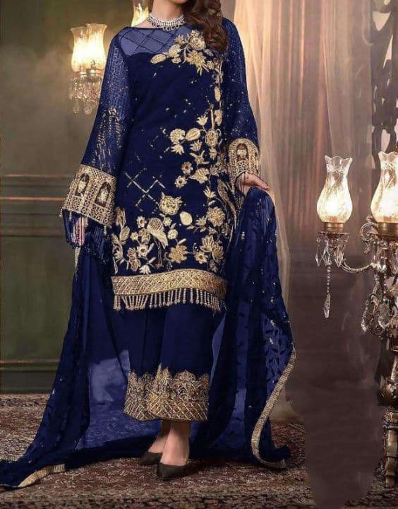 Flamboyant Navy Blue Color Net Embroidered Work Salwar Suit For Ladies