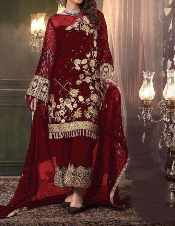 Dazzling Maroon Color Net Embroidered Work Salwar Suit For Party Wear