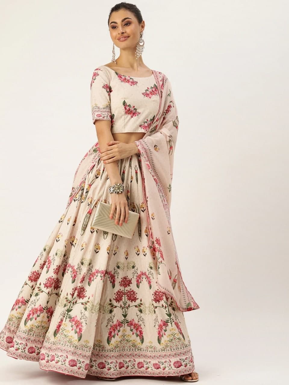 Flattering Off White Color Printed Art Silk Function Wear Lehenga Choli