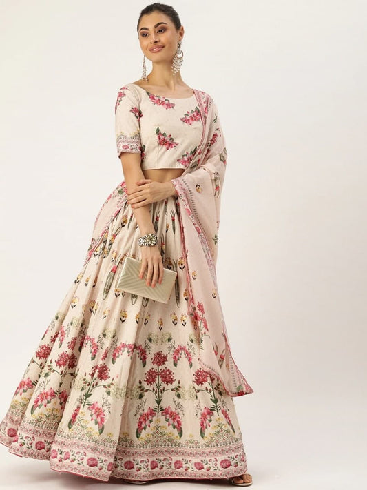Flattering Off White Color Printed Art Silk Function Wear Lehenga Choli