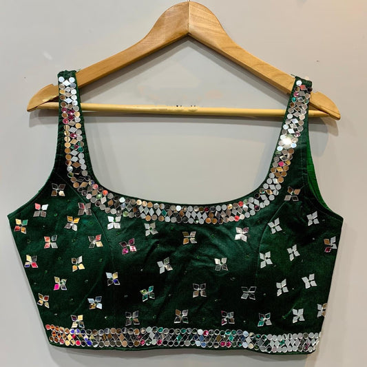 Green Color Party Wear Mirror Fancy Stone Work Phantom Silk Designer Ready Made Blouse