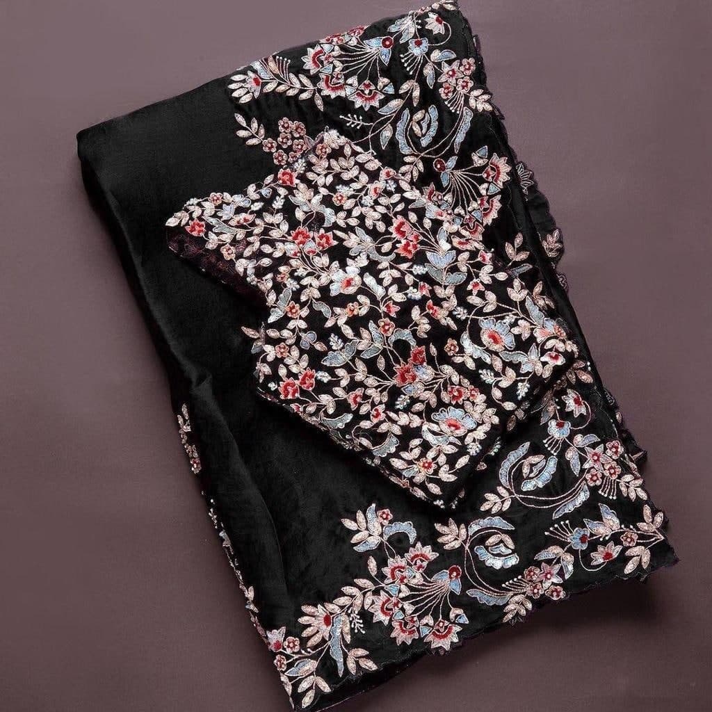 Graceful Black Color Silk Georgette Zari Thread Work Party Wear Saree Blouse