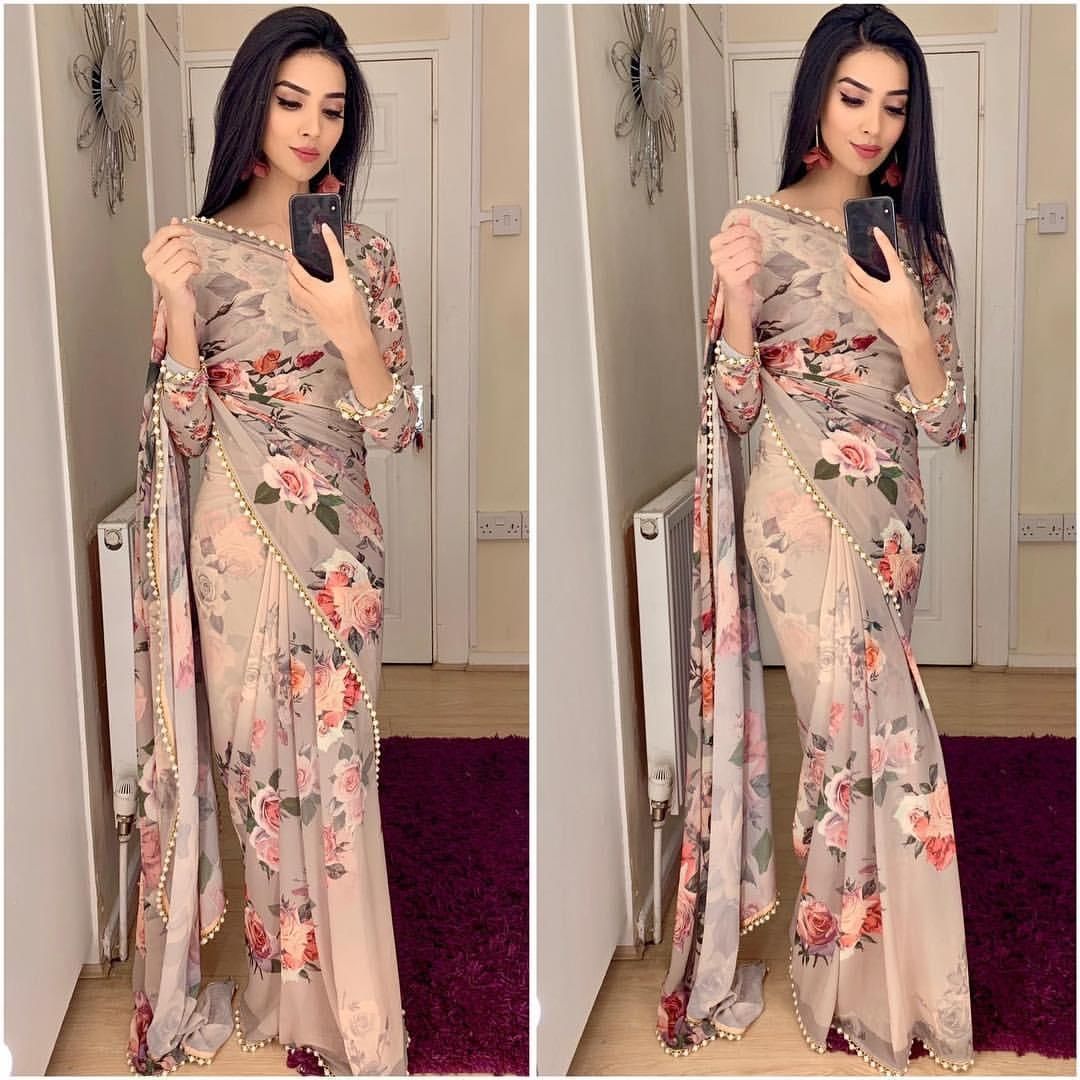 English Color Festive Wear Soft Georgette Pearl Lace Border Printed Designer Saree Blouse