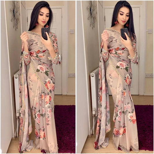 English Color Festive Wear Soft Georgette Pearl Lace Border Printed Designer Saree Blouse