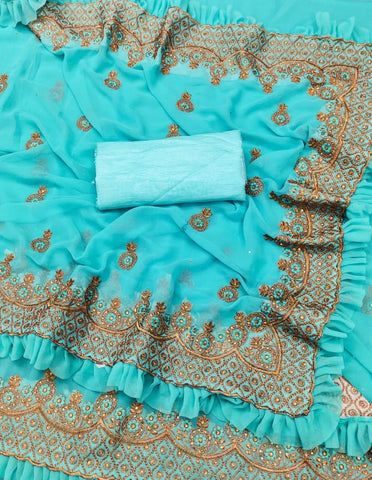 Blooming Sky Blue Color Embroidered Work Georgette Saree Blouse