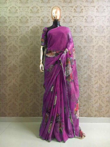 Violet Color Designer Georgette Pearl Lace Border Printed Fancy Party Wear Designer Saree Blouse