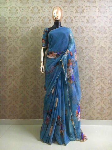 Blue Color Casual Wear Georgette Printed Fancy Pearl Lace Border Designer Saree Blouse