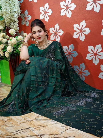 Bottle Green Color Art Silk Diamond Work Saree Blouse