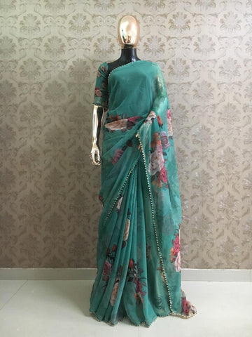 Function Wear Rama Color Designer Pearl Printed Lace Border Georgette Designer Saree Blouse