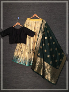 Black Color Festive Wear Printed Zari Silk Satin Latest Design Lehenga Choli