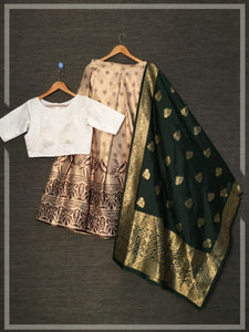 Cream Color Party Wear Silk Satin Zari Printed Latest Design Lehenga Choli