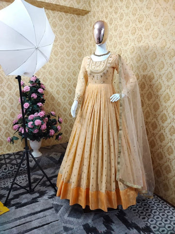 Dismaying Cream Color Party Wear Georgette Embroidered Work Suit