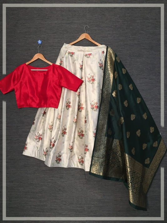 Festive Wear Off White Color Printed Satin Silk Zari Designer Latest Design Lehenga Choli
