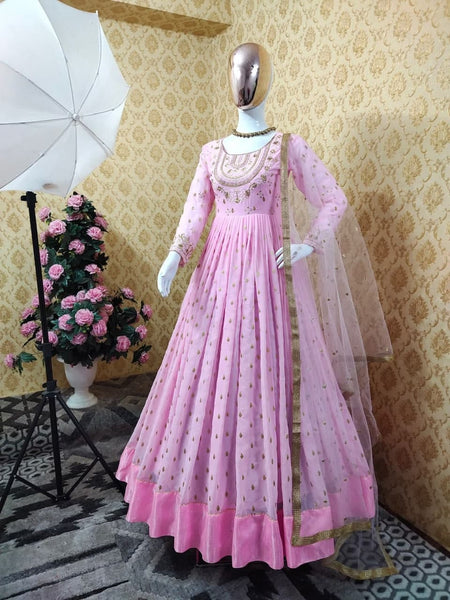 Good-looking Pink Color Georgette Embroidered Work Salwar Suit For Ladies