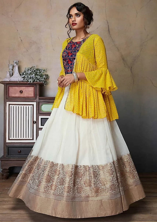 Jazzy Yellow Color Occasion Wear Weaving Zari Silk Banarasi Lehenga Indo Western