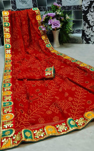 Red Color Wedding Wear Gotta Patti Lace Border Printed Bandhej Georgette Designer Saree Blouse
