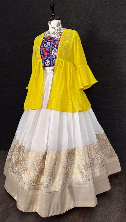 Jazzy Yellow Color Occasion Wear Weaving Zari Silk Banarasi Lehenga Indo Western