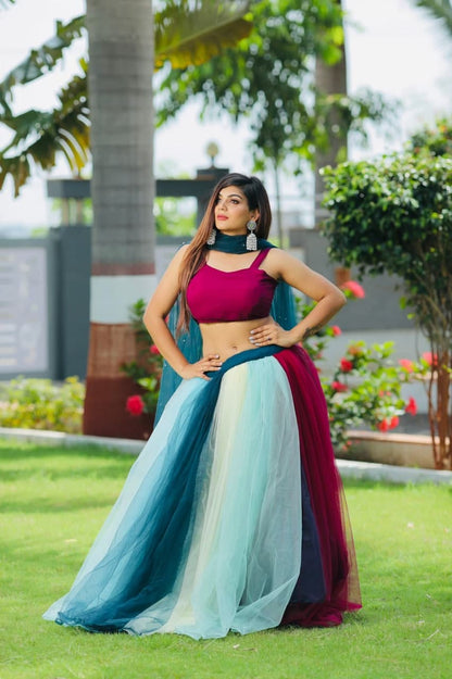Magnetic Blue Color Net Wedding Wear Mother Daughter Lehnega Choli
