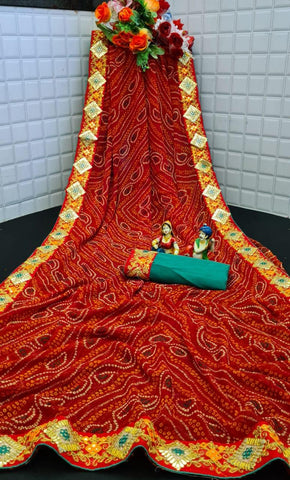 Red Color Fancy Gotta Patti Lace Border Bandhej Georgette Printed Designer Saree Blouse