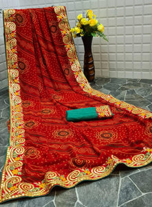 Festive Wear Dark Red Color Bandhej Georgette Design Gotta Patti Lace Border Printed Designer Saree Blouse
