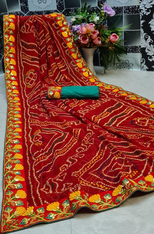 Maroon Color Occasion Wear Printed Fancy Bandhani Georgette Gotta Patti Lace Border Designer Saree Blouse
