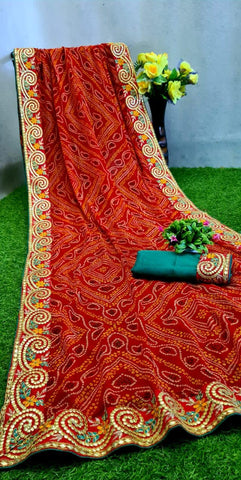 Red Color Designer Bandhani Printed Georgette Gotta Patti Border Lace Designer Saree Blouse