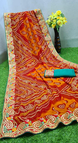 Orange Color Party Wear Georgette Gotta Patti Lace Border Bandhani Printed Designer Saree Blouse