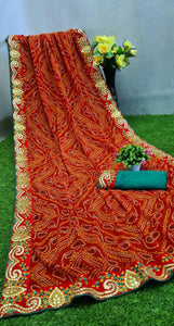 Red Color Fancy Printed Design Gotta Patti Lace Border Bandhani Georgette Designer Saree Blouse
