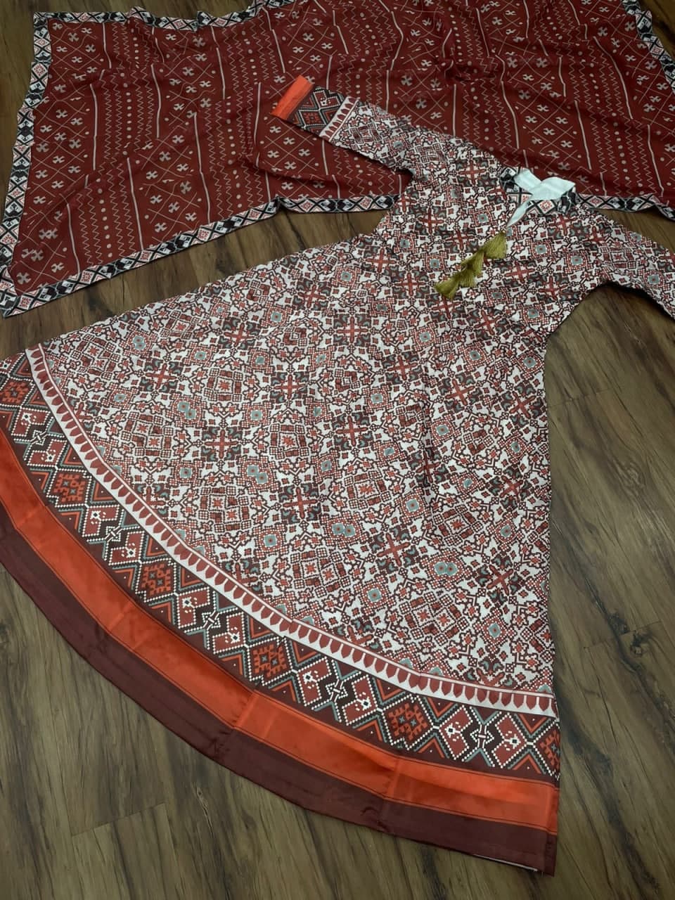 Groovy Brown Taffeta Silk Digital Printed Gown Dupatta For Women